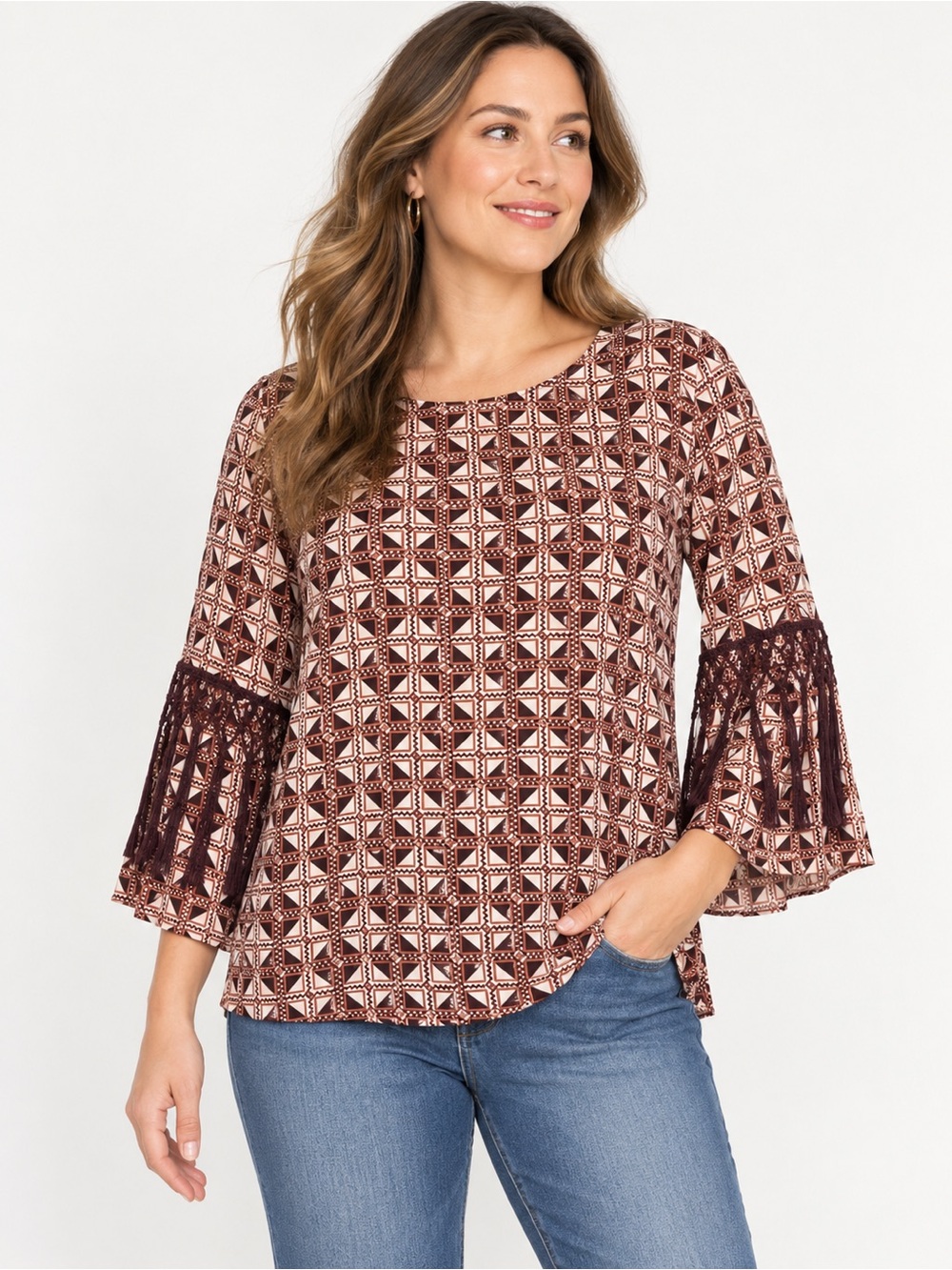 Ali Miles Tunic Top Women M Geo Print Fringe Sleeve Artsy Western Lagenlook